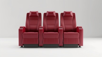 Three red leather recliner seats in a theater setting against white background.