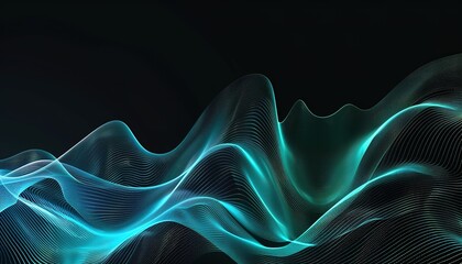 Wall Mural - 3D wave lines pattern smooth curve flowing dynamic blue green gradient light isolated on black background for concept technology