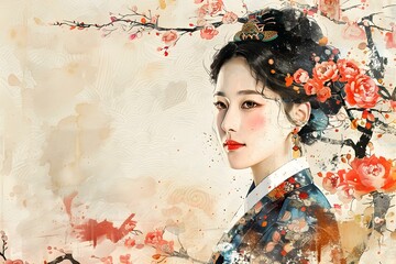 Wall Mural - A beautiful Korean woman in traditional dress with pink and red flowers in her hair