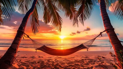 Beach Hammock at Sunset Capture a serene moment on a tropical beach. A hammock sways between two palm trees, and the sun dips below the horizon, casting warm hues across the sand