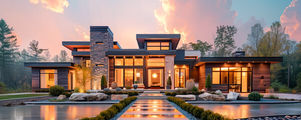 Panoramic view of exterior of modern house near the water. New home concept.