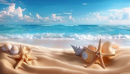 Summer beach panoramic background with seashells, starfish, and tropical vibes, sandy shore, ocean waves