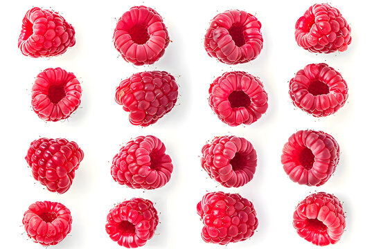 Raspberry collection top view isolated on white background