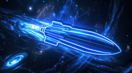Wall Mural - A neon sign of a retro spaceship, its sleek design emitting a soft blue glow against a cosmic backdrop of swirling galaxies.