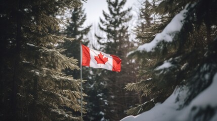 Wall Mural - Canada Independence Day. National flag in the wind in a snowy spruce forest. AI generated.