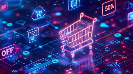 Aufkleber - A futuristic abstract background featuring a glowing shopping cart with 50% off text and other online shopping icons. Generative AI
