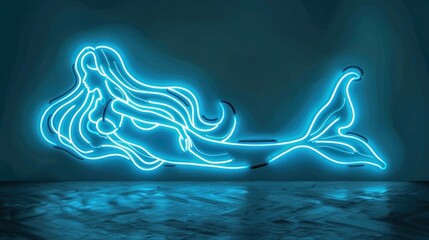 Wall Mural - A neon sign of a mystical mermaid, her flowing hair and tail illuminated in shades of aquamarine against a deep ocean blue.