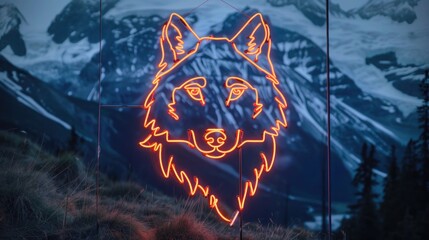 Wall Mural - A neon sign of a majestic wolf, its eyes gleaming with intelligence against a backdrop of snow-capped mountains.
