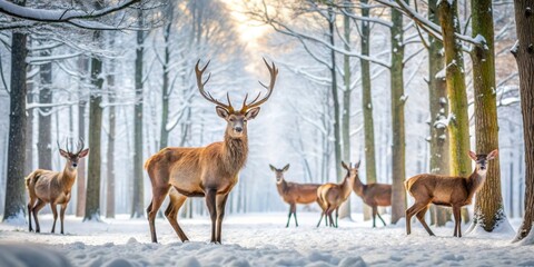 Wall Mural - Wild deer roam freely in a snowy forest, deer, wildlife, nature, winter, wilderness, majestic, snowy, cold, trees