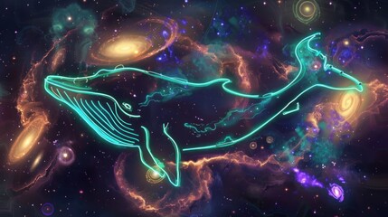 Wall Mural - A neon sign of a cosmic whale, its majestic form outlined in shades of turquoise and violet against a backdrop of swirling galaxies.