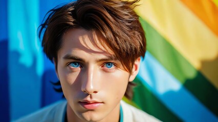 Wall Mural - An attractive young man with brown hair and blue eyes, set against a vibrant background
