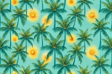 Wall Mural - A seamless pattern of palm trees and the sun in a tropical design, tropical, seamless, repeat, pattern, palm trees, sun, nature