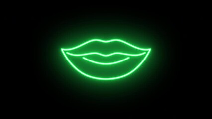 Wall Mural - Neon female smile icon animation, flickering emergence and fading. Glowing neon woman lips sign, looped animation. Woman kiss, passion, sexy smile, beauty, love and pleasure. Yellow, green, orange