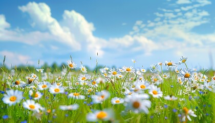 Poster - Field of many daisies in green grass swaying in the wind against a blue sky with clouds. Natural landscape featuring wild meadow flowers, wide format with ample copy space, summer scenery, fresh flora