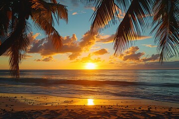 Wall Mural - A breathtaking sunset over a tranquil beach, with golden hues painting the sky and silhouettes of palm trees in the foreground.