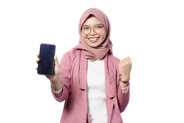 Wall Mural - Portrait of smiling confident asian business designer woman pink suit officeshowing copy space on her phone screen