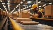 © Farhan - man cheking cardboard man working at automated Warehouse Conveyor with Boxes in Industrial Motion blur