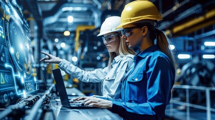 Aufkleber - Two industrial engineers in hard hats talk about a new project while using a laptop. they work at a heavy industry manufacturing factory. Generative AI.