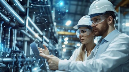Aufkleber - Two industrial engineers in hard hats talk about a new project while using a laptop. they work at a heavy industry manufacturing factory. Generative AI.