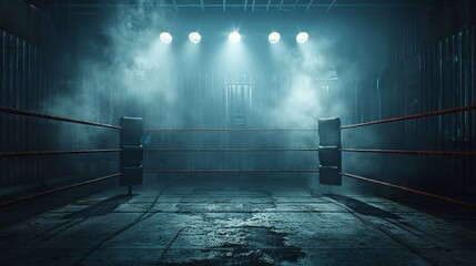 Boxing ring with dramatic lighting and smoke