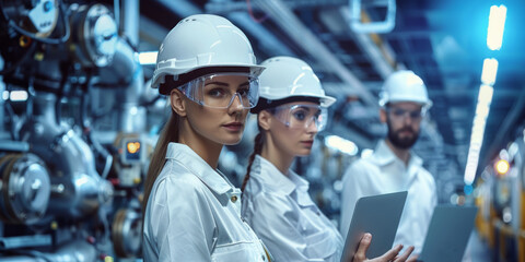 Aufkleber - Two industrial engineers in hard hats talk about a new project while using a laptop. they work at a heavy industry manufacturing factory. Generative AI.