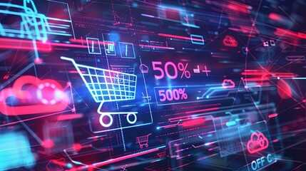 Poster - Abstract background with digital shopping carts, product icons, and a bold 50 OFF text, representing a vibrant online sale. Generative AI