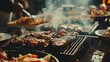 © vefimov - A group of friends or family gathered around a grill, cooking and socializing