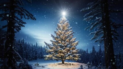 Wall Mural -  Christmas tree in the night winter landscape - snowfall  on xmas eve