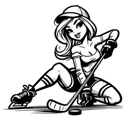 Wall Mural - ice hockey player pinup girl, beauty pin-up woman retro style black and white vector with transparent background, monochrome illustration, decorative shape sketch for laser cutting engraving print