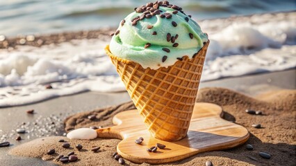 Poster - Mint chocolate chip ice cream cone on a wooden table.