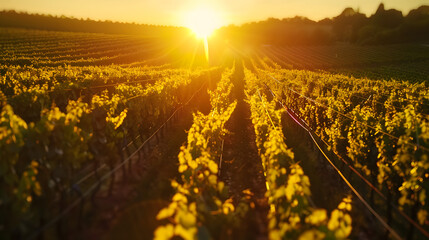 Wall Mural - Picturesque vineyard with grapevines and golden sunset. Aerial perspective banner. Copy space concept. 