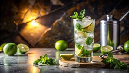 Wall Mural - Classic cocktail with lime and mint on a rustic table.