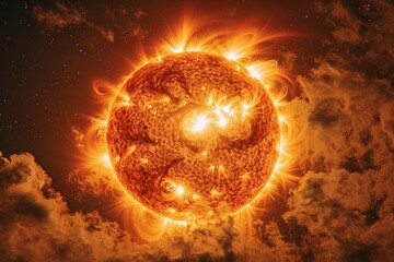 Wall Mural - A close up of a sun with a lot of fire coming out of it