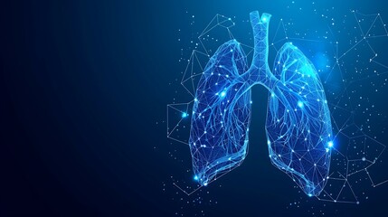 human lungs shape blue neon glowing light wireframe low poly style