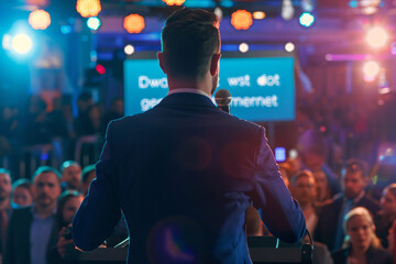 Wall Mural - a man in a suit is giving a speech to a crowd