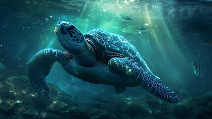 Wall Mural - large sea turtle and coral