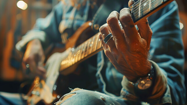 Strumming Serenity: Detailed Close-Up of Guitarist Playing Acoustic Guitar in 4K with Artistic Lighting and Composition