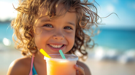 A cute girl drinking a green smoothie outdoors on a sunny summer day. Young girl is holding a plastic cup of green smoothie, enjoying a refreshing drink on a sunny summer day.