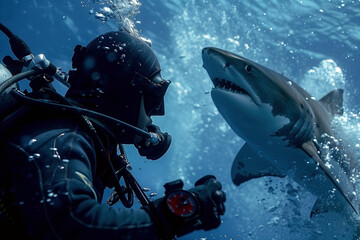 An image of underwater encounter between a scuba diver and a shark - Generative AI