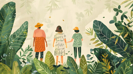 Wall Mural - Three people in the garden. In front of them is some greenery 