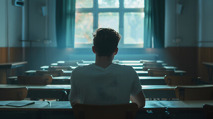 Poster - university student sitting at a desk. back view. dark cinematic light 