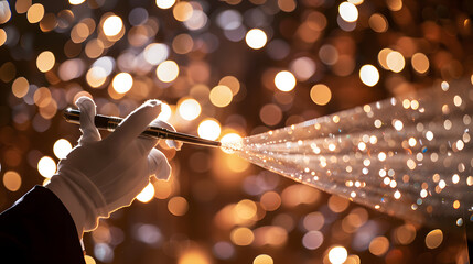 View of a conductor’s hand in white gloves opening a silver sequin curtain on a symphony stage 