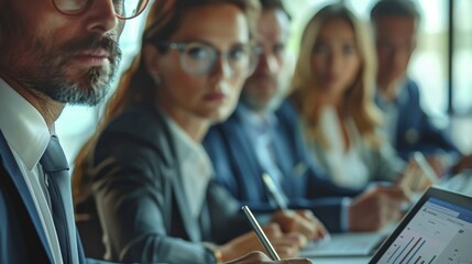 Aufkleber - Formal business meetings with coworkers, shareholders, and clients concentrate on private ideas, data reports, and analysis to find solutions together in the workplace. Generative AI.