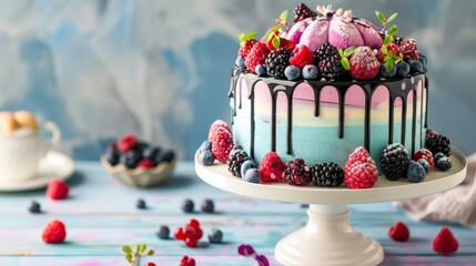 A delicious cake adorned with a variety of fresh berries and a decadent chocolate drizzle