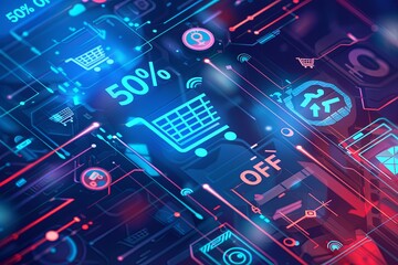 Poster - An abstract background featuring shopping carts, product icons, and bold 50% OFF text in a futuristic digital theme. Generative AI