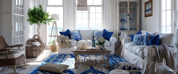 Illustrate a coastal-themed living room with white and blue decor, nautical accents, and plenty of natural light