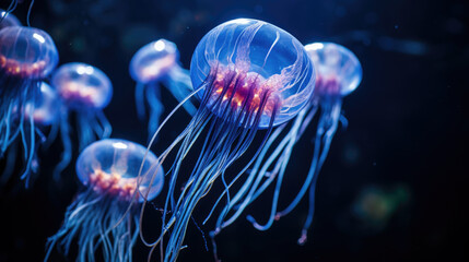 Wall Mural - Luminous jellyfish swim deep in the blue sea jellyfish neon jellyfish fantasy water long strings.