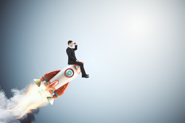Wall Mural - a man in a suit sitting on a rocket, looking through a handheld spyglass, on a plain background, con