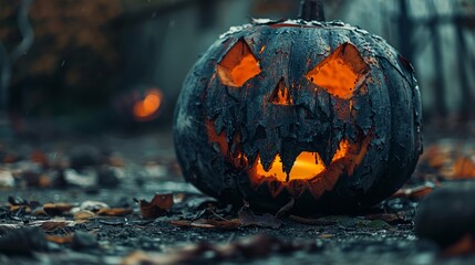 Creepy carved pumpkin with glowing face in dark setting