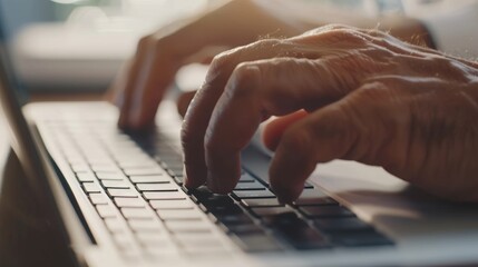 Human hands typing on computer keyboard in corporate, creative, and business office. Man researching the internet or programming web creation and design with technology.